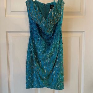Beaded Teal Strapless Mini Dress by Stenay